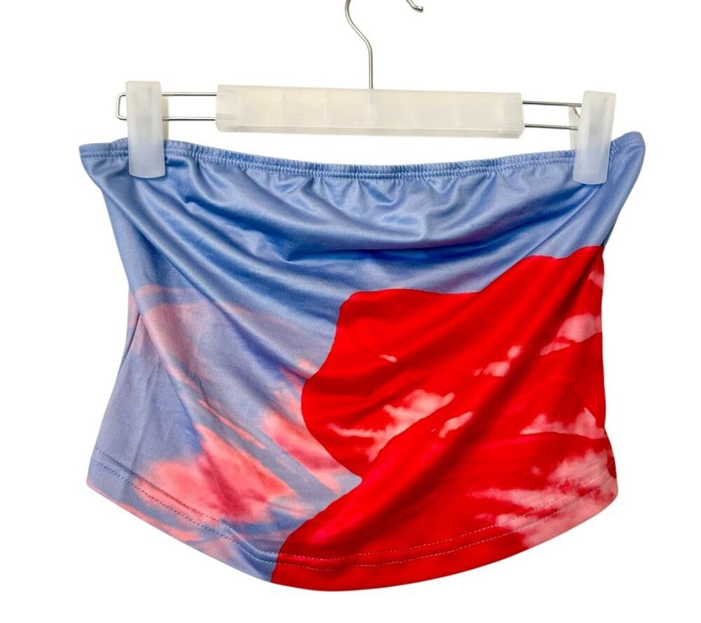 Abstract Cloud Print Strapless Cropped Bandeau Tube Top Blue Red Size Small
